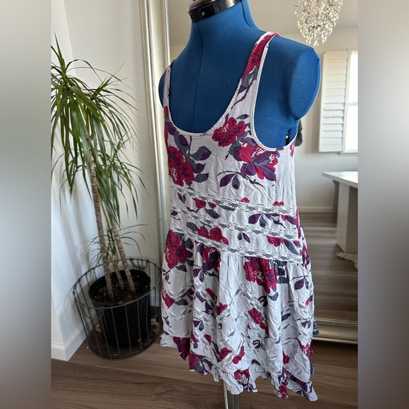 Intimately Free People Gray Red Floral Voile and Lace Trapeze Slip Dress XS - Picture 5 of 7